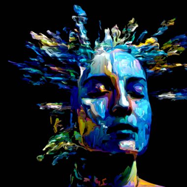 Etkileyici bir kadın portresi. Dijital boya darbelerinin bileşimi hayattaki yaratıcı enerji ve sanatla ilişkili.