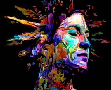 Etkileyici bir kadın portresi. Hayattaki ve sanattaki yaratıcı enerji konulu dijital boya darbelerinin sanatsal soyutlaması