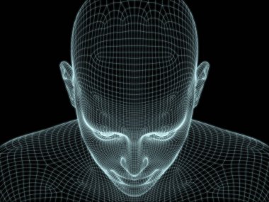 Teknoloji, eğitim ve bilgisayar bilimleri illüstrasyonlarında kullanılmak üzere insan kafasının tel örgüsü içinde 3B görüntüsü