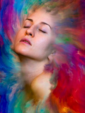 Dünya serisi. Duygular, duygular, iç dünya, yaratıcılık ve hayal gücü konularında bir metafor olarak kadın portresiyle birleştirilmiş bir tasarım.