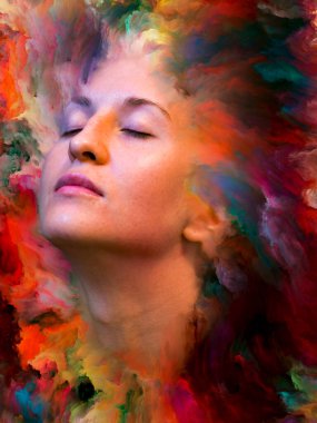 Dış serinin içinde. Kadın portresinin soyut bileşimi duygular, duygular, iç dünya, yaratıcılık ve hayal gücüyle ilgili projelere uygun canlı boyayla kaynaştırılmış.