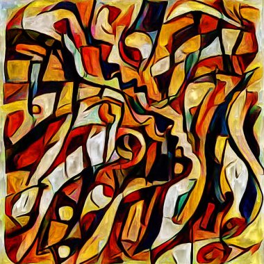 Sanat serisi deseni. Yaratıcılık ve sanat konularında dijital tuvale işlenmiş soyut insan yüzleri ve renkleri.