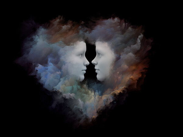 Dreaming Heart series. Backdrop composed of Human profiles connected by heart shaped nebula, fractal forms and textures and suitable for use in the projects on love, imagination and unity