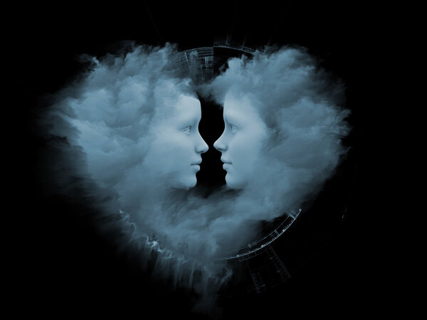 Dreaming Heart series. Arrangement of Human profiles connected by heart shaped nebula, fractal forms and textures on the subject of love, imagination and unity