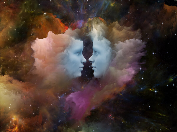 Dreaming Heart series. Creative arrangement of Human profiles connected by heart shaped nebula, fractal forms and textures as a concept metaphor on subject of love, imagination and unity