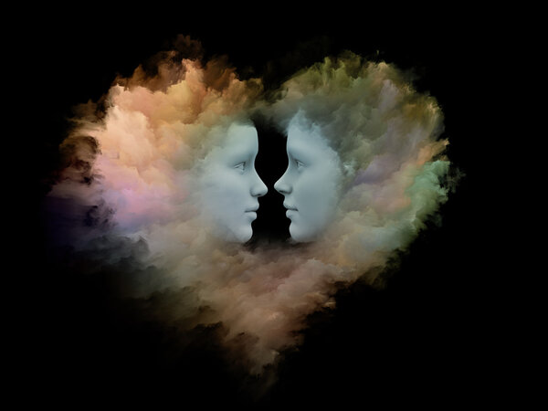 Dreaming Heart series. Composition of Human profiles connected by heart shaped nebula, fractal forms and textures suitable as a backdrop for the projects on love, imagination and unity