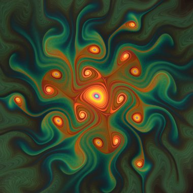 Fraktal girdap serisi. Tasarım, akış görselleştirme, fraktal geometri, kaos teorisi, sanat ve bilim konularında gelişen bir sistem öneren parlak ve karmaşık bir grafik..