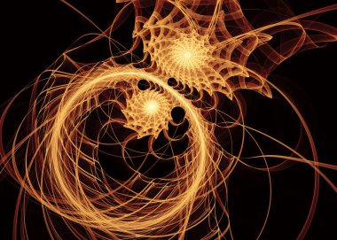 Fractal Paths serisi. Geometri, matematik, fraktal tasarım, bilim ve görselleştirme konularında soyut bir alanda dokuma yapan altın ışık.