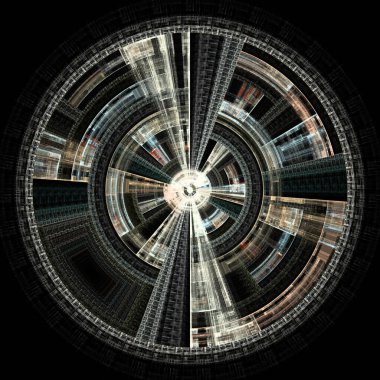 Fraktal disk serisi. Fraktal geometri, tasarım, bilim, fraktal alev görselleştirme, sanat ve kaos teorisi üzerinde parlayan, eşmerkezli ve radyal elementlerin deseni.