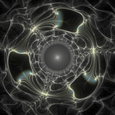 Fraktal Geometri serisi. Görselleştirme, geometri, matematik, fraktal tasarım ve bilim konularında karmaşık, parıldayan bir filament ağının tasarımı.