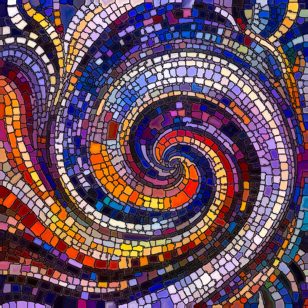 Мозаичный холст. Динамическая композиция, в которой яркие оттенки сливаются и разделяются, создавая взаимодействие абстрактных форм.