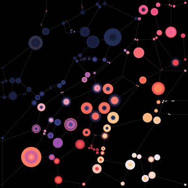 Noktalı Bağlantılar serisi. Görsel algı, bağlantı ve atom teorisi konularındaki karmaşık kalıplarla birbirine bağlı canlı kürelerin bileşimi.