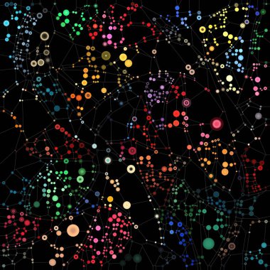 Dot World serisi. Atomik birlik, bağlantı ve moleküler teori konularındaki karmaşık kalıplarla birbirine bağlı canlı kürelerin bileşimi.