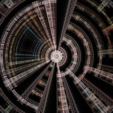 Merkezi Geometri serisi. Görselleştirme, radyal geometri, bilim, matematik ve fraktal tasarım konularında yayılan geometrik desenlerin resmi.