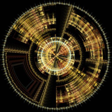 Radyal simetri serisi. Görselleştirme, bilim, matematik, radyal geometri ve fraktal tasarım konularında çok renkli geometrik bir soyutlama.