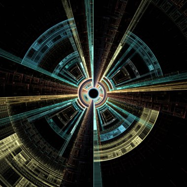 Radyal simetri serisi. Bilim, matematik, radyal geometri, görselleştirme ve fraktal tasarım konularındaki soyut teknolojik verilerin örüntüsü.