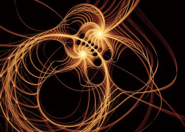 Fractal Geometry series. Undulating golden light patterns on a dark, contrasting background on the subject of fractal design, science, visualization, geometry and math.