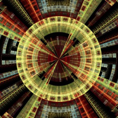 Merkezi Geometri serisi. Bilim, tasarım, fraktal alev görselleştirme, sanat, kaos teorisi ve fraktal geometri üzerine canlı dairesel bir mandalanın bileşimi.