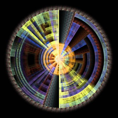 Fraktal disk serisi. Kaos teorisi, sanat, bilim, fraktal geometri, tasarım ve fraktal alev görselleştirmesi üzerine parlayan merkezi bir tasarım..