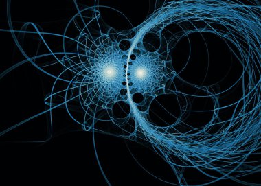 Fraktal iplikler serisi. Kaos teorisi, sanat, bilim, tasarım, geometrik görselleştirme ve fraktal geometri konularında dönen mavi ışık fırtınasının soyut tasviri.