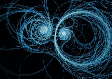 Fraktal patika serisi. Kaos teorisi, sanat, bilim, tasarım, geometrik görselleştirme ve fraktal geometri konularında dışa doğru genişleyen narin mavi filigran..