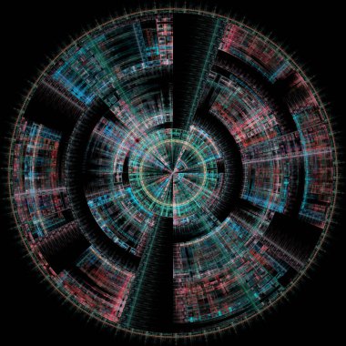 Merkezi Geometri serisi. Matematik, bilim, görselleştirme, fraktal tasarım ve radyal geometri konularındaki çok renkli geometrik soyutlamanın soyutlanması.