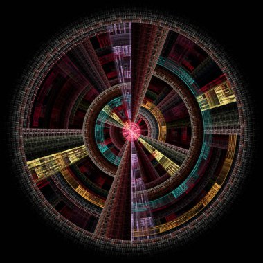 Radyal simetri serisi. Fraktal tasarım, bilim, matematik, görselleştirme ve radyal geometri konularındaki renkli eşmerkezli elementlerin düzenlenmesi.