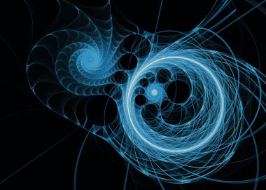 Fraktal iplikler serisi. Sanat, bilim, tasarım, geometrik görselleştirme, fraktal geometri ve kaos teorisi üzerine soyut bir mavi ışık girdabı tasviri.