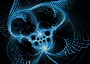 Fraktal iplikler serisi. Sanat, bilim, tasarım, geometrik görselleştirme, fraktal geometri ve kaos teorisi üzerine büyüleyici bir kompozisyonda dönen mavi soyut biçimler.