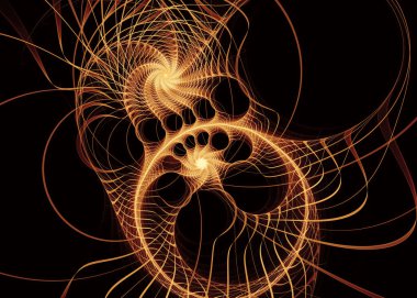 Fraktal patika serisi. Geometrik görselleştirme, fraktal geometri, kaos teorisi, sanat, bilim ve tasarım konularında karmaşık altın ışık oluşumları.