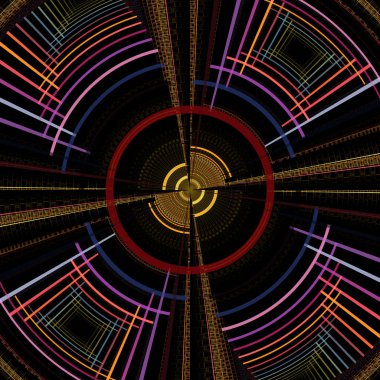 Fraktal disk serisi. Tasarım, bilim, fraktal alev görselleştirme, sanat, kaos teorisi ve fraktal geometri konularında karmaşık bir radyal form oluşturulması.