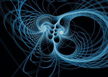 Fraktal Geometri serisi. Bilim, görselleştirme, geometri, matematik ve fraktal tasarım konularında karmaşık bir tasarım içinde birbirine karışmış ışık yolları.