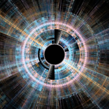 Fraktal disk serisi. Tasarım, fraktal alev görselleştirme, sanat, bilim, kaos teorisi ve fraktal geometri konularındaki renkli eşmerkezli elementlerin bileşimi.