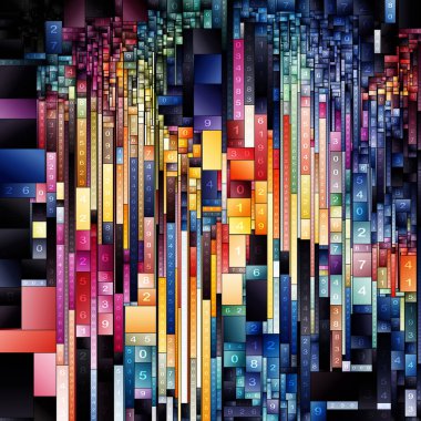 Numarası Alan Adı Serisi. Dijital soyutlama, bilim, matematiksel soyutlama, geometri ve platonik alan adı üzerine organize yerleşim düzenindeki sayısal blokların yapılandırılmış ızgarası.