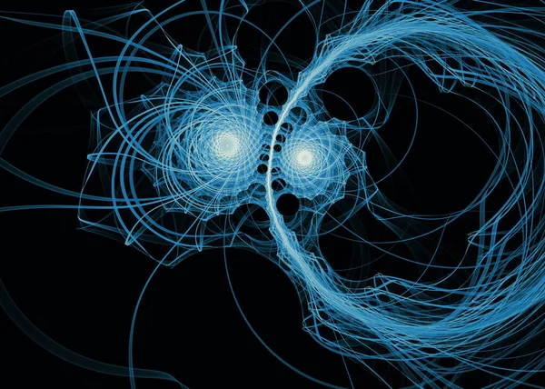 Fraktal patika serisi. Geometrik görselleştirme, fraktal geometri, kaos teorisi, sanat, bilim ve tasarım konularında karmaşık mavi ışık oluşumları.