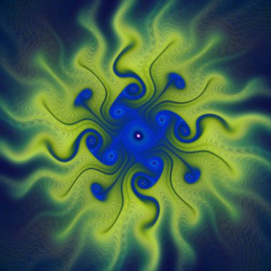 Fraktal girdap serisi. Akış görselleştirme, fraktal geometri, kaos teorisi, sanat, bilim ve tasarım konularındaki kıvrımlı sıvı ateşin sanatsal bir gösterimi.