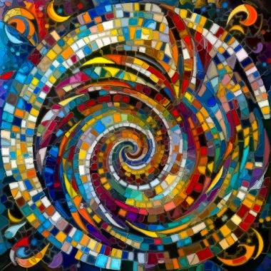 Mozaik tuval serisi. Kalın renklerin ve yapısal şekillerin büyüleyici bir karışımı, tuval boyunca hareket hissi veriyor..