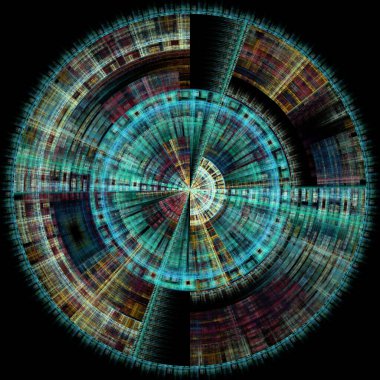 Fraktal disk serisi. Bilim, sanat, tasarım, kaos teorisi, fraktal geometri ve fraktal alev görselleştirmesi konularında yayılan geometrik desenlerin temsili.