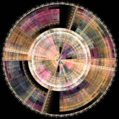 Fraktal disk serisi. Sanat, bilim, fraktal geometri, tasarım, kaos teorisi ve fraktal alev görselleştirme konularındaki parlak, fütüristik mandalanın soyutlanması.