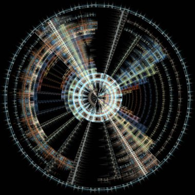 Fraktal disk serisi. Sanat, fraktal alev görselleştirme, tasarım, bilim, kaos teorisi ve fraktal geometri konularında çok renkli geometrik bir soyutlama.