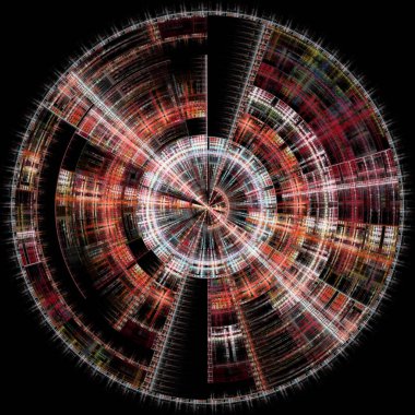 Merkezi Geometri serisi. Görselleştirme, matematik, radyal geometri, bilim ve fraktal tasarım konularında detaylı bir dijital disk görüntüsü.