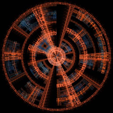 Fraktal disk serisi. Tasarım, fraktal alev görselleştirme, sanat, bilim, kaos teorisi ve fraktal geometri konularındaki renkli eşmerkezli elementlerin bileşimi.