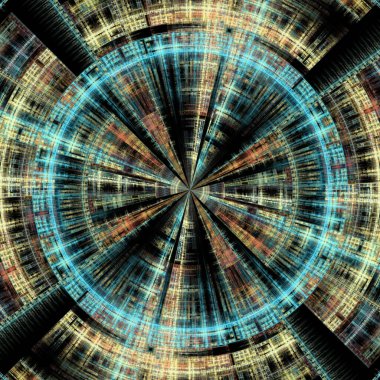 Fraktal Disk serisi. Sanat, kaos teorisi, tasarım, bilim, fraktal alev görselleştirme ve fraktal geometri konularındaki renkli geometrik segmentlerin yapısı.