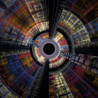 Fraktal Disk serisi. Bilim, kaos teorisi, fraktal geometri, tasarım, sanat ve fraktal alev görselleştirme konularındaki soyut teknolojik verilerin yapısı.