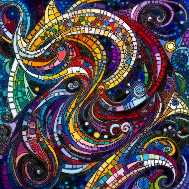 Mozaik tuval serisi. Hareketi ve dönüşümü çağrıştıran soyut formların ve kalın renklerin canlı ve çekici bileşimi.