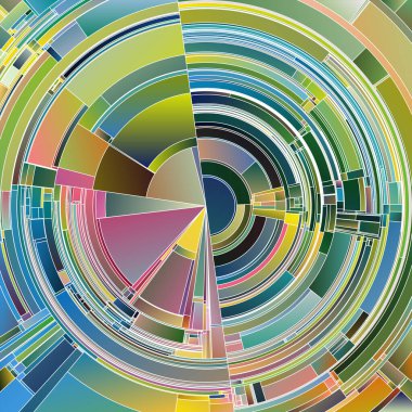 Renkli Tekerlek serisi. Bilim, konsept tasarım, sanat, görselleştirme ve renk teorisi üzerinde canlı açısal unsurlara sahip eş merkezli geometrik desenler.