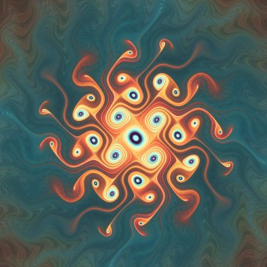 Fraktal girdap serisi. Tasarım, akış görselleştirme, fraktal geometri, kaos teorisi, sanat ve bilim konularında gelişen bir sistem öneren parlak ve karmaşık bir grafik..