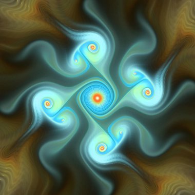 Fraktal girdap serisi. Akış görselleştirme, fraktal geometri, kaos teorisi, sanat, bilim ve tasarım konularındaki evrensel kökenleri işaret eden dinamik ve akışkan bir model..