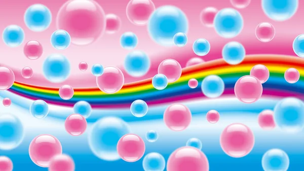 Pink and blue bubbles on a rainbow background.