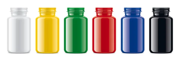 Conjunto Botellas Brillantes Color Transparente Con Tapas Metal —  Fotos de Stock